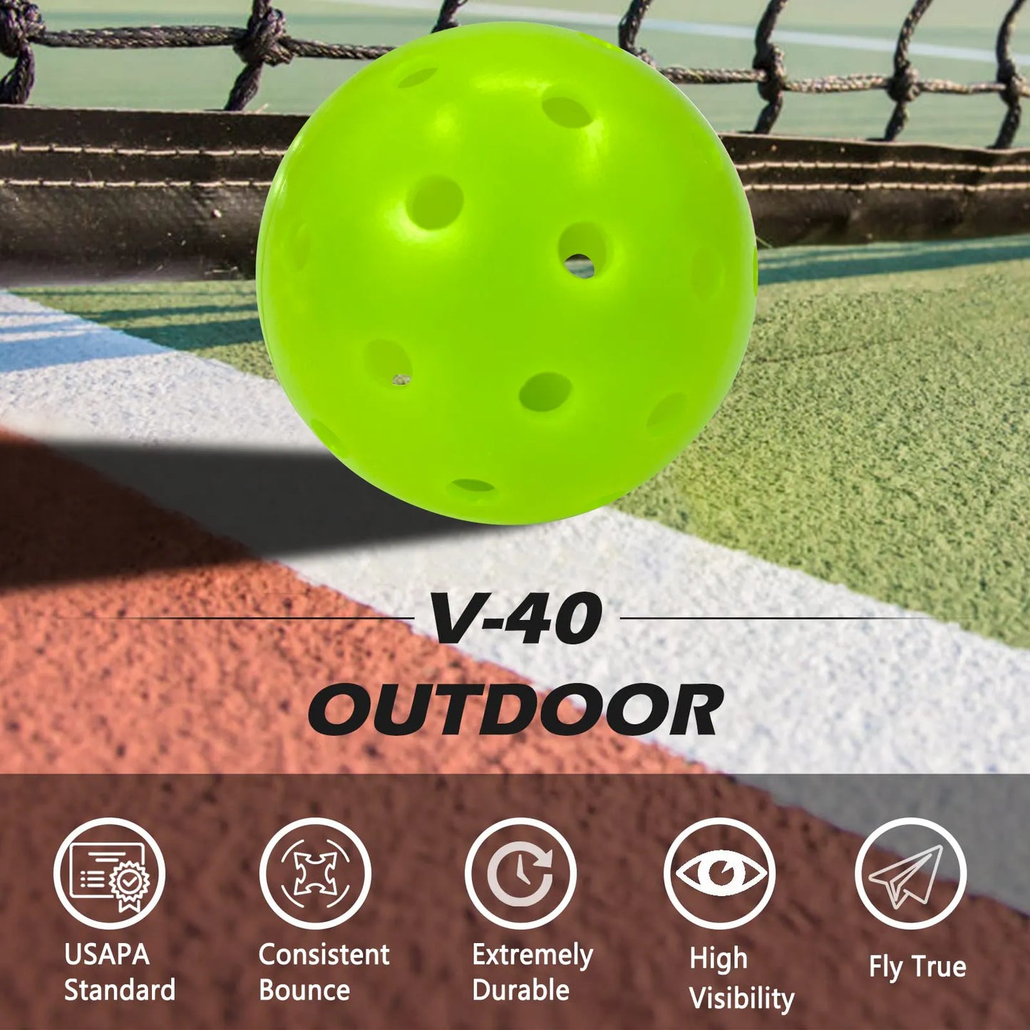 Juciao 40-Hole Outdoor Pickleball Balls, Lime Green, High Bounce, Durable