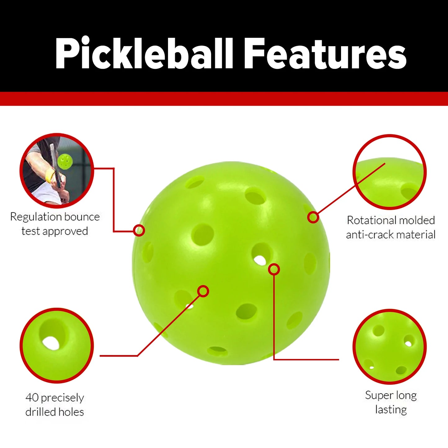Juciao 40-Hole Outdoor Pickleball Balls, Lime Green, High Bounce, Durable