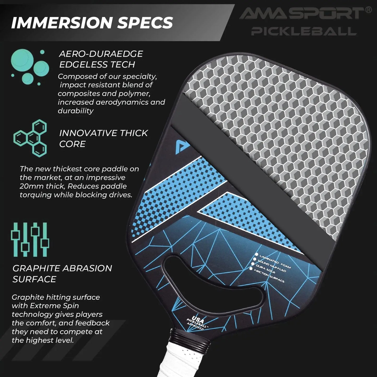 AMASPORT USAPA Elongated 20mm Carbon Fiber Pickleball Paddle Edgeless PP001