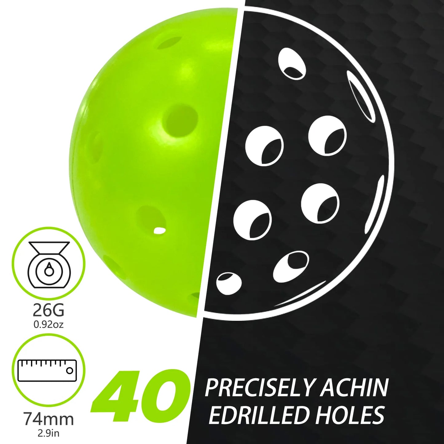 Juciao 40-Hole Outdoor Pickleball Balls, Lime Green, High Bounce, Durable
